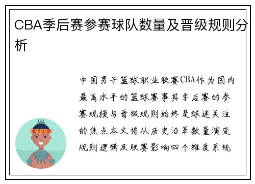 CBA季后赛参赛球队数量及晋级规则分析